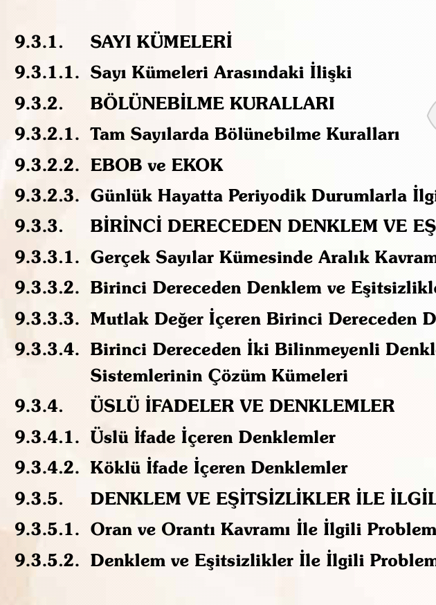 9.Sınıf Matematik Ders Kitabı İçindekilerden bir görüntü