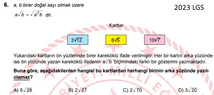 202 LGS MATEMATİK karekök sorusu