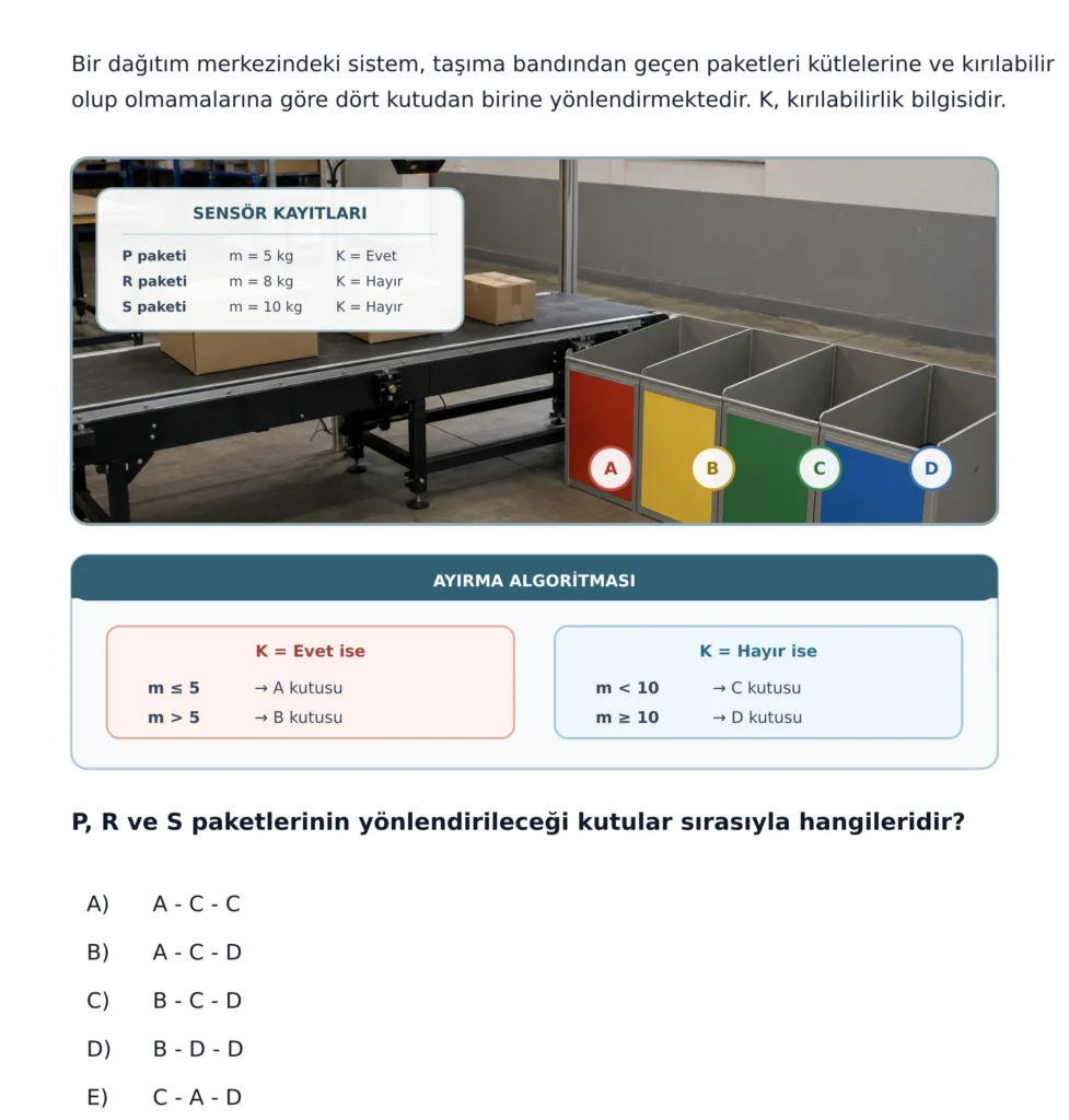 Dağıtım merkezi ayırma sistemi bağlamında hazırlanmış TYMM uyumlu algoritmik düşünme ve koşullu işlemler konulu özgün matematik sorusu