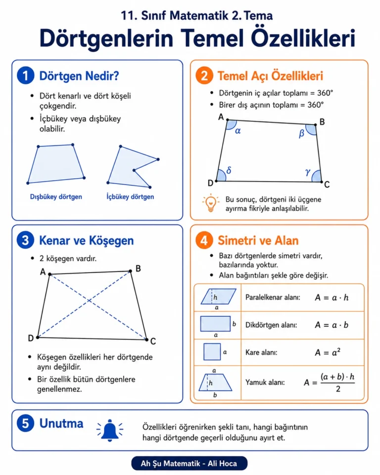 11. sınıf matematik dörtgenlerin temel özellikleri, açı, köşegen, simetri ve alan özeti