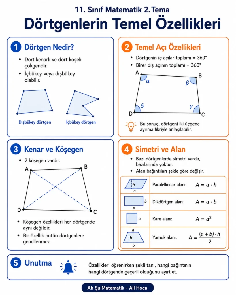 11. sınıf matematik geometrik şekiller konu özeti: dörtgenlerin temel özellikleri