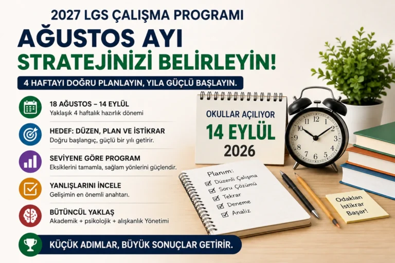 2027 LGS çalışma programı için 18 Ağustos–13 Eylül hazırlık planı, düzenli çalışma ve yanlış analizi önerileri