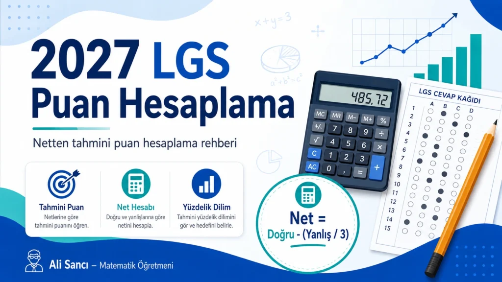 2027 LGS puan hesaplama rehber görseli: net hesabı, tahmini puan ve yüzdelik dilim